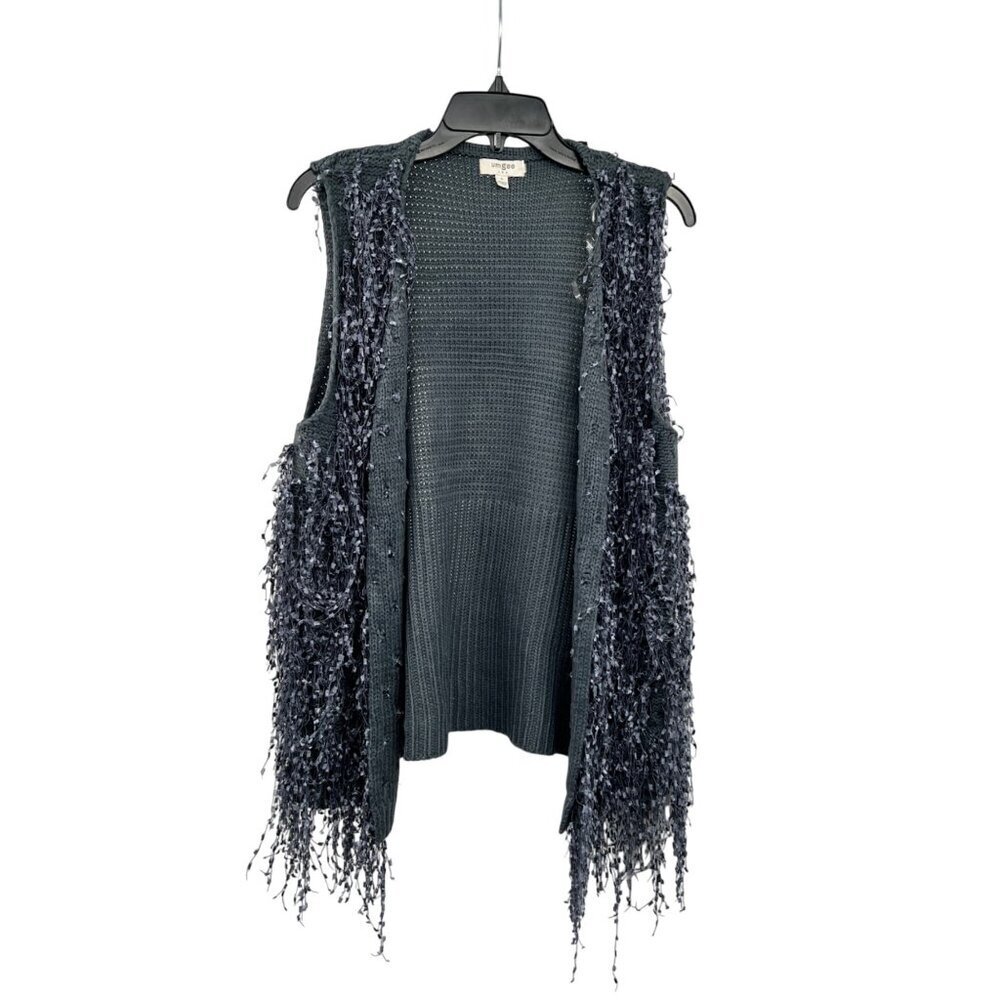 Umgee Womens Knit Open Front Vest Textured Fringe Blue Gray Size Small